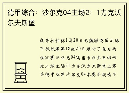 德甲综合：沙尔克04主场2：1力克沃尔夫斯堡